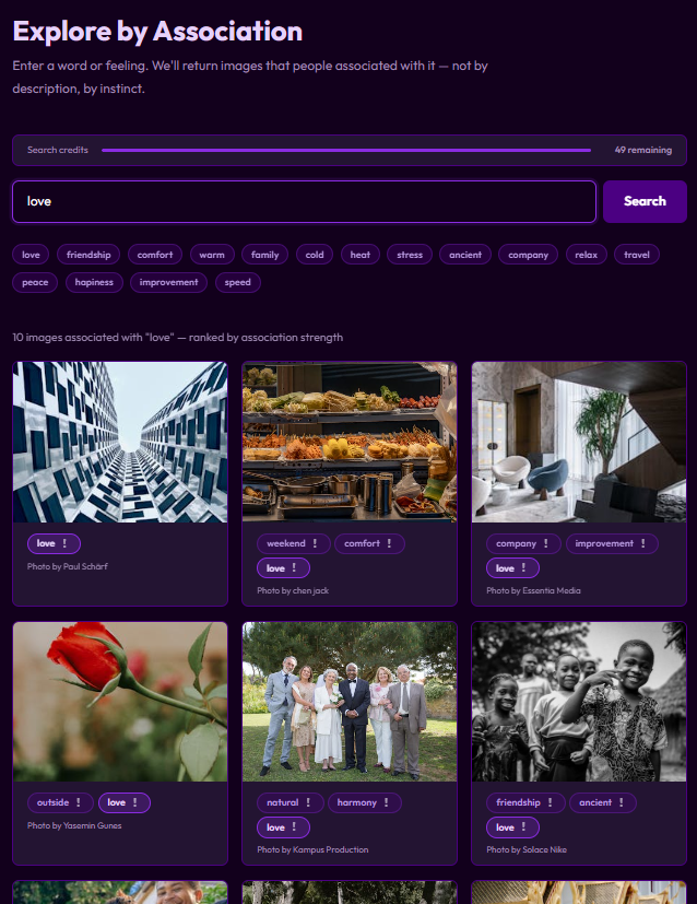 Explore interface showing image results for a search word